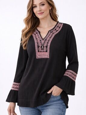 Democracy Black Embroidered Boho Blouse XL Pink Stitch Peasant Top Flowy
